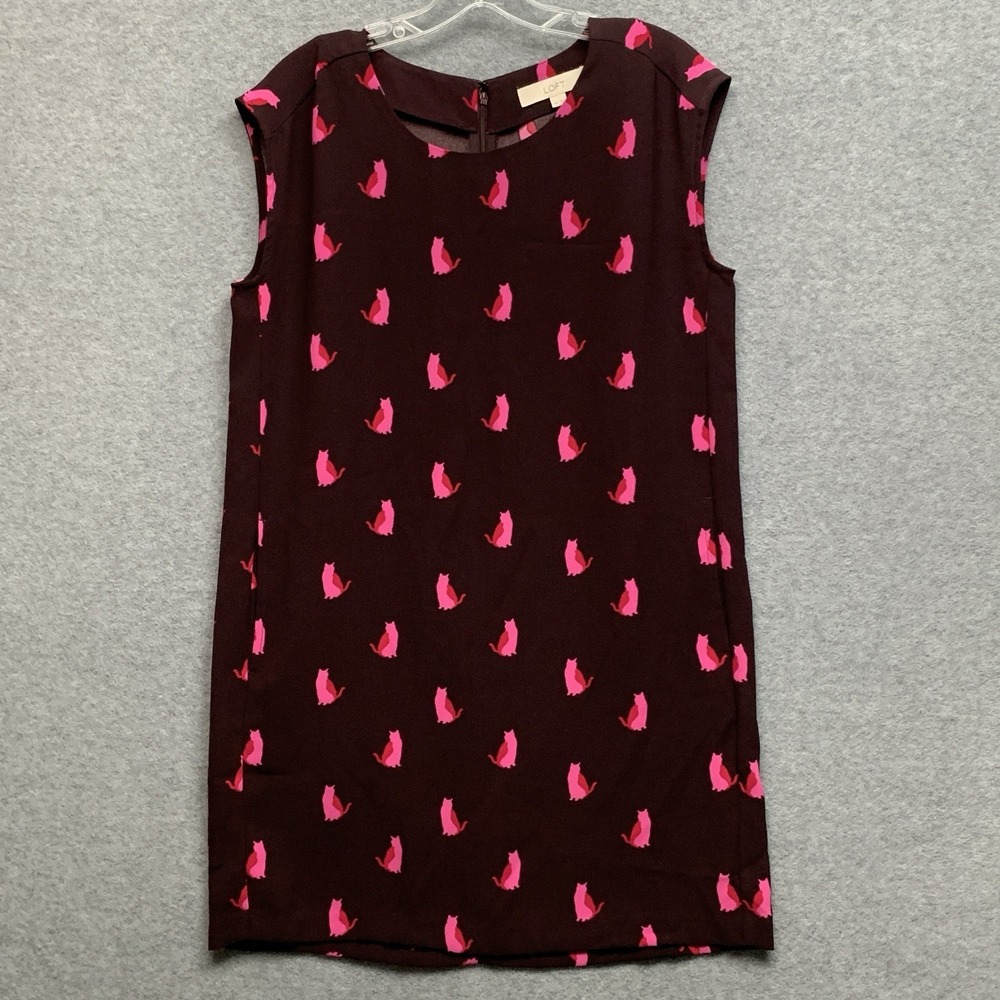 Ann Taylor Womens Cat Print Shift Dress Size MP Ann Taylor Maroon Crazy Cat Lady